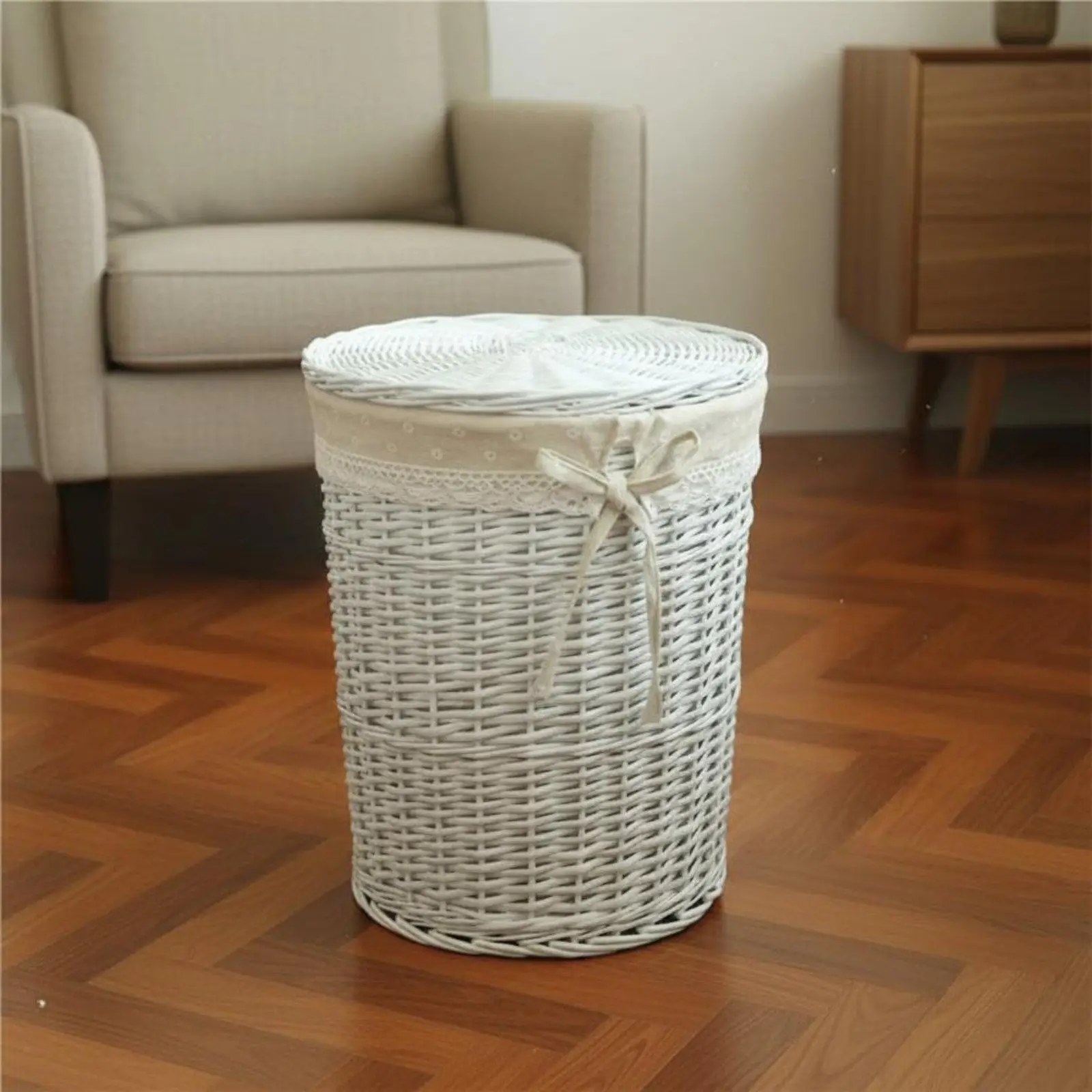 Foldable Linen Storage Basket for Laundry Organizer with Lid Bamboo Rattan Woven Hamper for Small Space