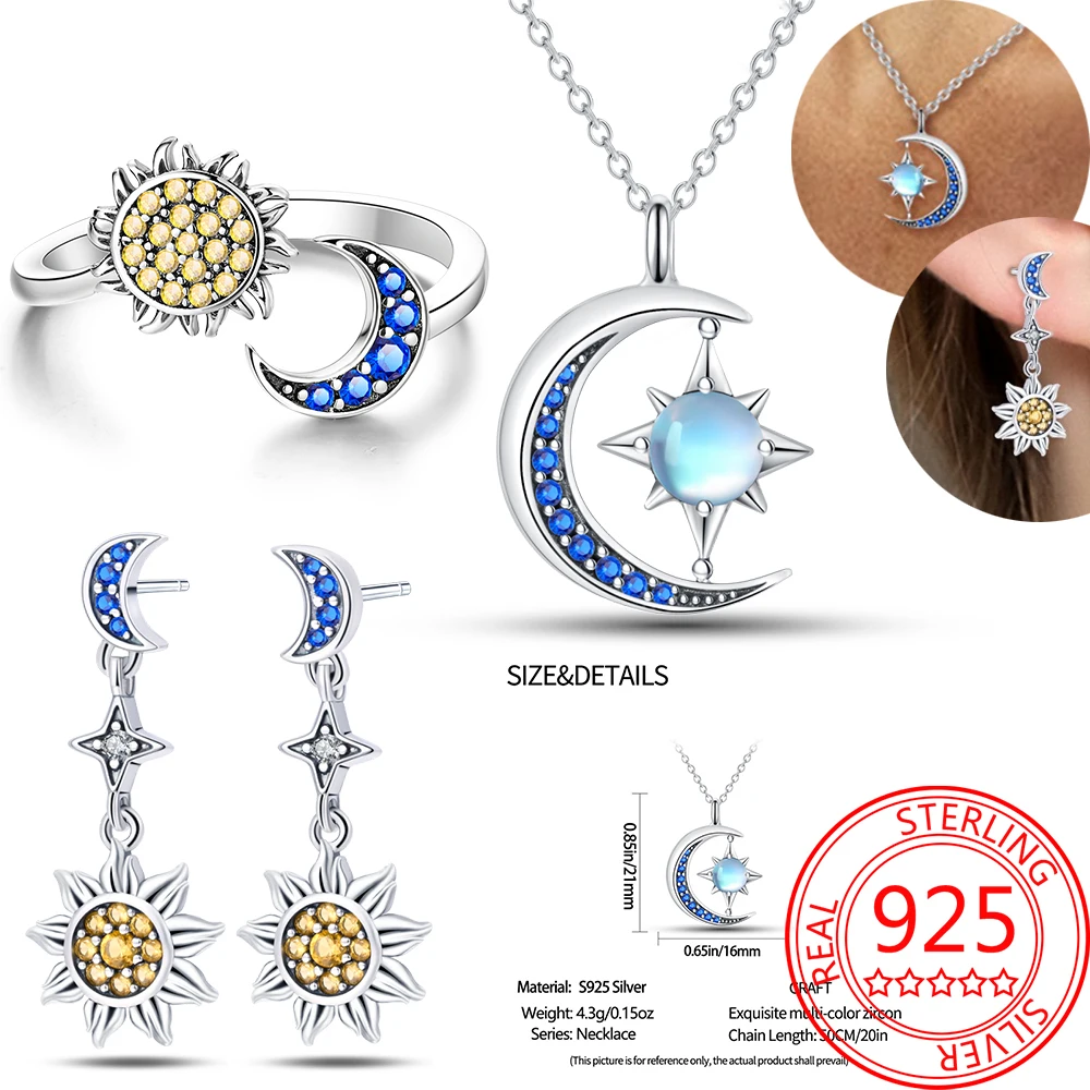 Star Moon Series 925 Sterling SilverBlue And Yellow Zircon Inlaid Necklaces&Earrings&Rings, Romantic Wishing Accessories