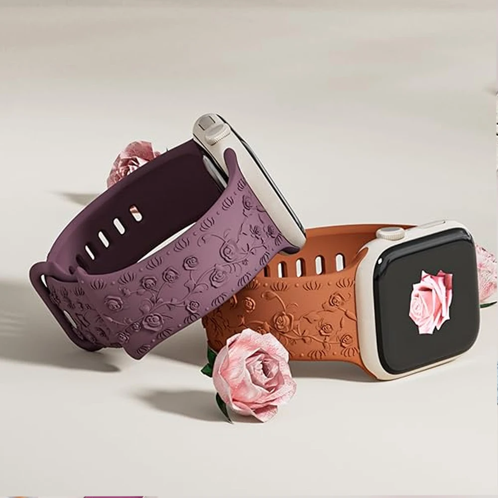 Pulseira para apple watch band 45mm 44mm 42mm 40mm 41mm 49mm 38mm pulseira gravada floral correa iwatch série 10 8 7 6 9 se ultra