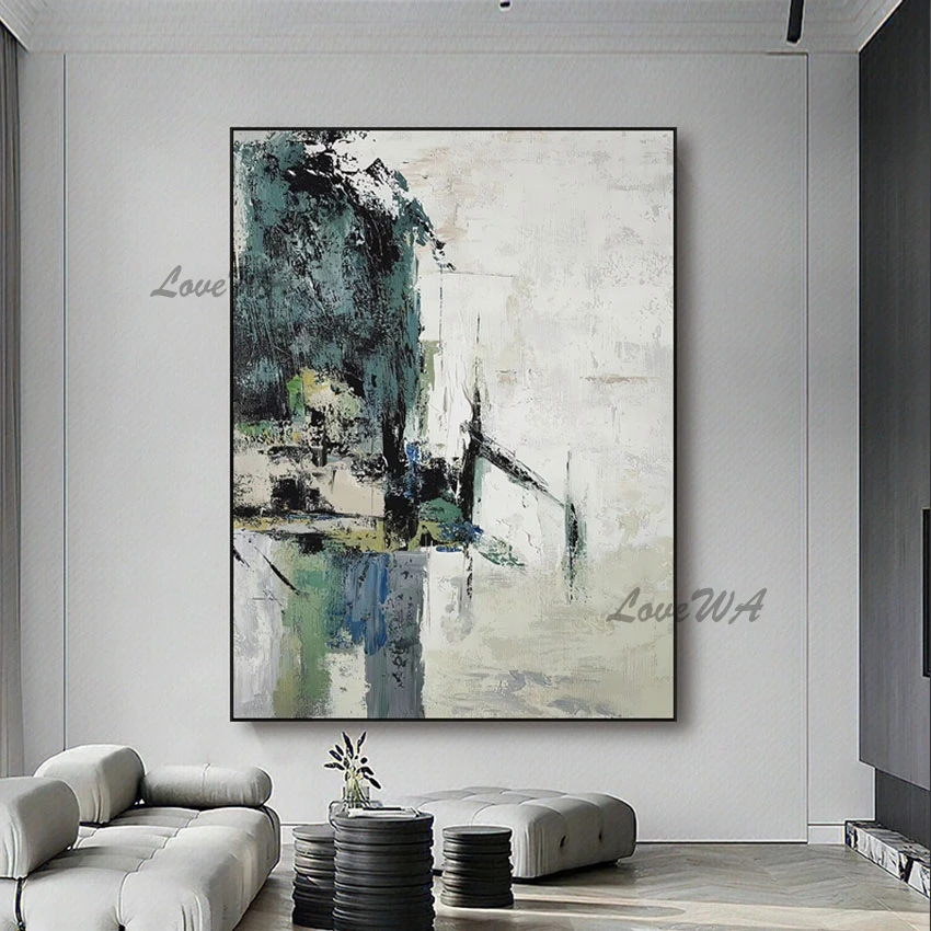 Linen Canvas Abstract Art Picture, Office Artwork, Hotels Decor, White Green Acrylic Texture Wall, Unframed Handmade Painting