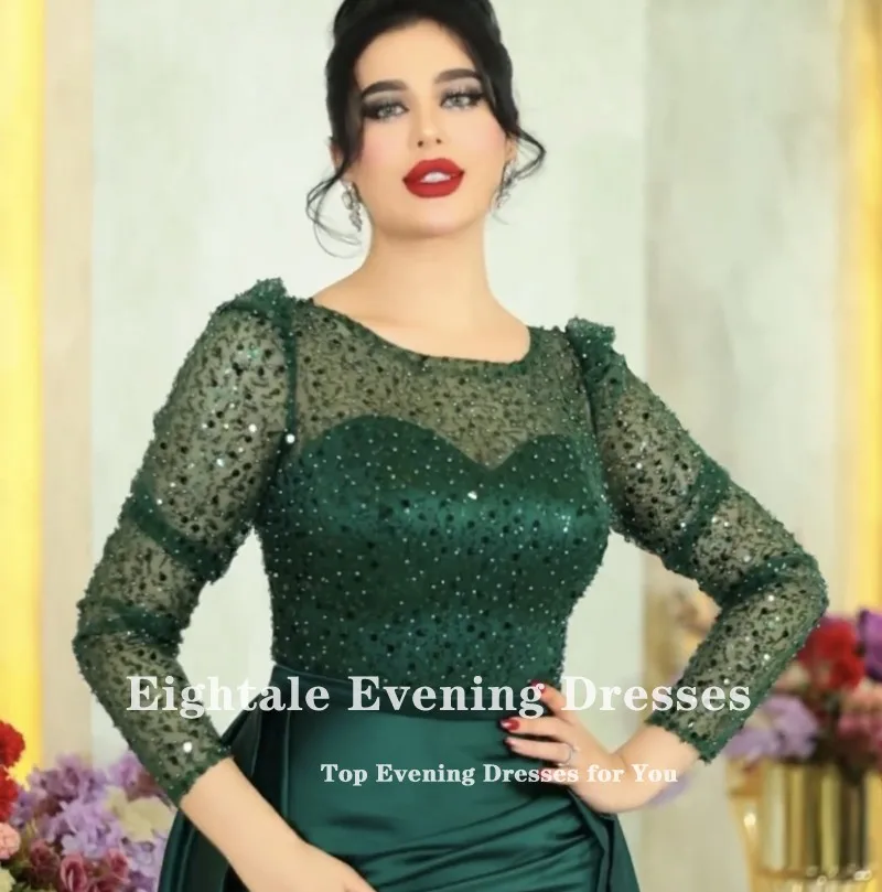 Eightale Luxury Evening Dress with Detachable Skirt Satin Customized Dark Green Mermaid Prom Party Gowns robe de soirée femme