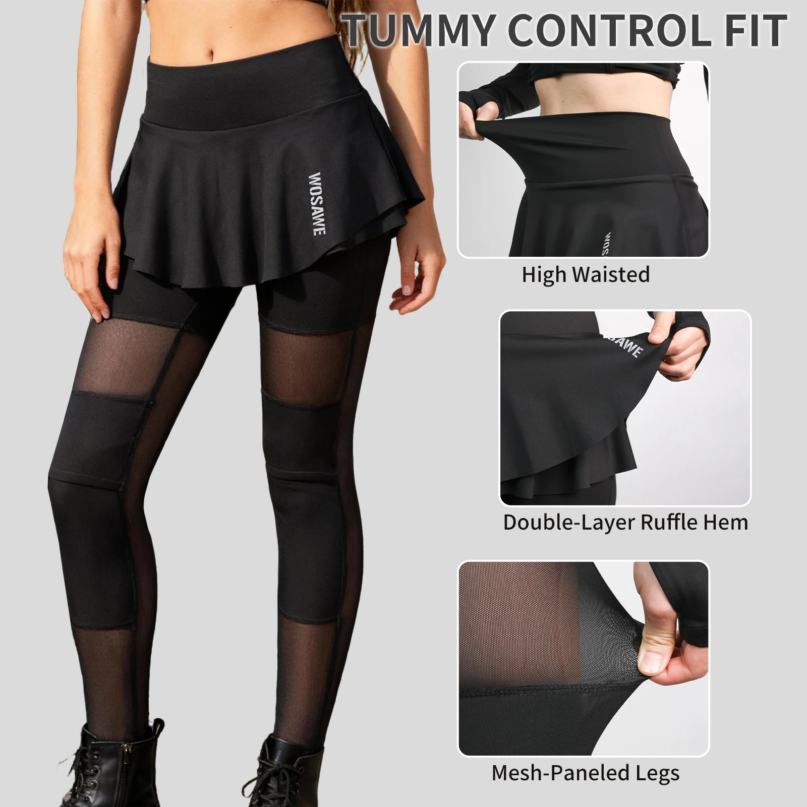 WOSAWE Women Motorcycle 2-in-1 Skirt Pants Slimming High Waist Lifts Hips Trousers Breathable Mesh Stylish Pants