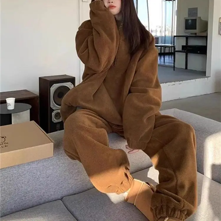 

Комплект женский утепленный из флиса орлон, больших размеров, повседневный, свободного кроя: толстовка и длинные брюки, осенне-зимний модный костюм-двойка