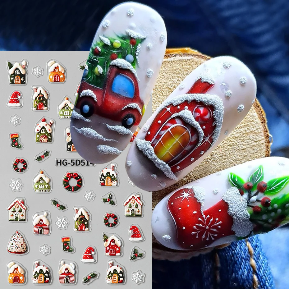 5D Reliëf Cartoon Kerstbomen Sneeuwbloemen Nail Sliders Kerst Huis Sneeuwpop Bedels voor Nail Kerstvakantie Nail Deco