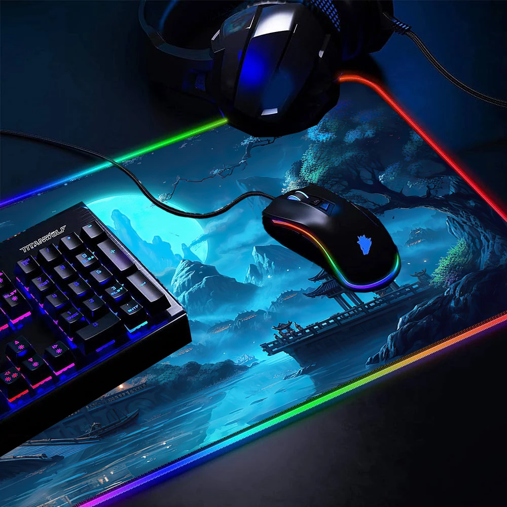 Imagem -03 - Azul Mousepad com Led Backlit Mouse Pad Rgb Desk Mat Fantasia Paisagem Gaming Setup Acessórios Sala Gamer 90x40 120x60