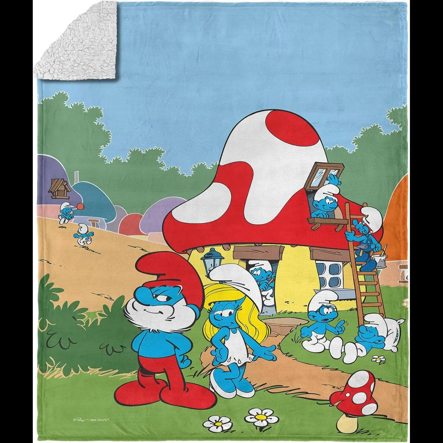 NORTHWEST Smurfs Classic Village Silk Touch Sherpa-Überwurfdecke aus weichem Plüschfleece x Zoll für gemütlichen Komfort