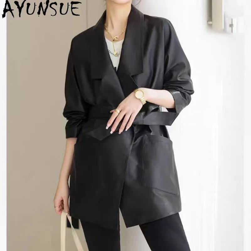 

AYUNSUE Real Leather Jacket Woman Suit Collar Sheepskin Jackets for Woman Mid-length Lace-up Jacket Woman Clothes Ropa De Mujer