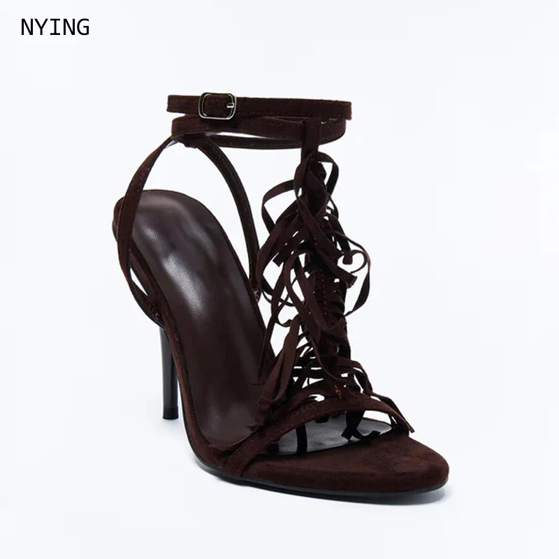 

2026 Suede Leather Fringe Lace Up Sandals Cross Strap Round Open Toe Stiletto High Heel Sexy Fashion Women's Dress Shoes Summer