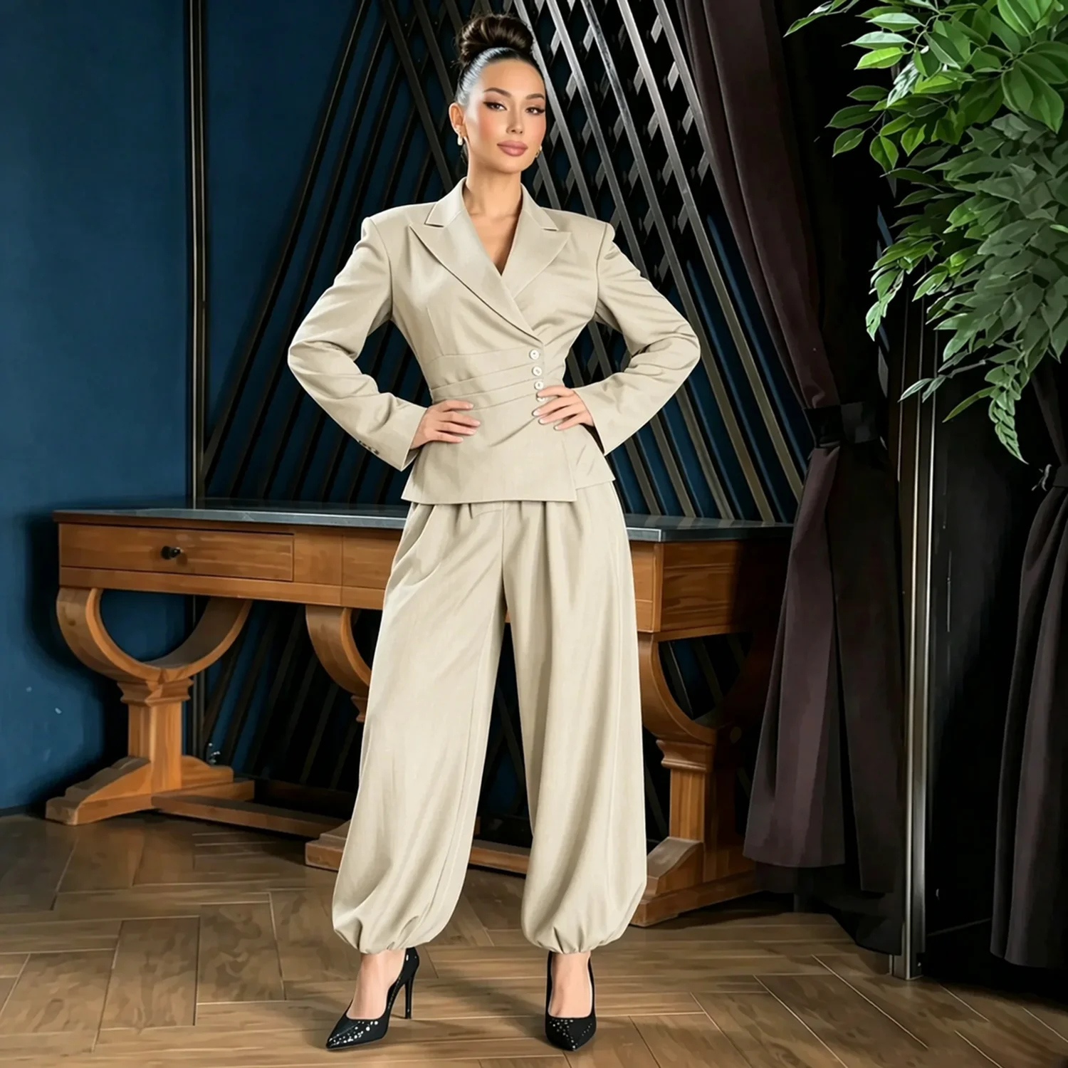 PUAL  2026 Luxury Satin Women Suit Notch Lapel Wrap Cinched Waist Blazer Balloon Loose Pants Formal Party 2 Piece Set