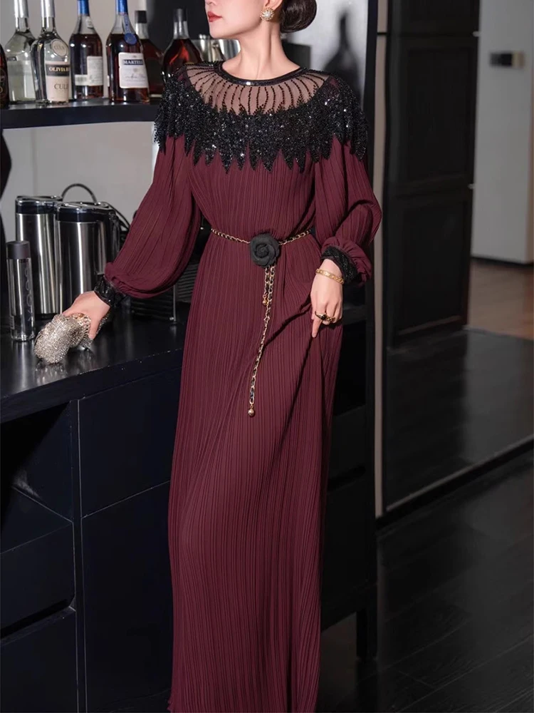 CHICEVER Spliced Sequins Elegant Dress For Women O Neck Lantern Sleeves Patchwork Metal Chain Pleated Loose Long Dresses Female