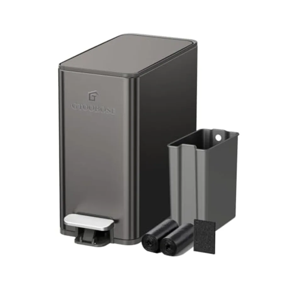 

Узкое мусорное ведро для ванной 2.6G Slim из нержавеющей стали с плавным закрыванием, педалью, крышкой, угольным фильтром для контроля запаха и съемным внутренним контейнером