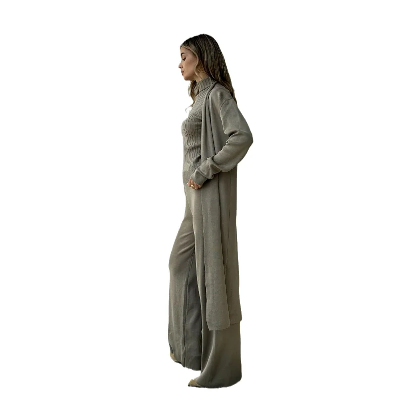 Women Three Piece Sets High Neck Vests Long Cardigan Full Sleeve Elastic Waist Pants Regular Solid Pant Suits Casual Knit