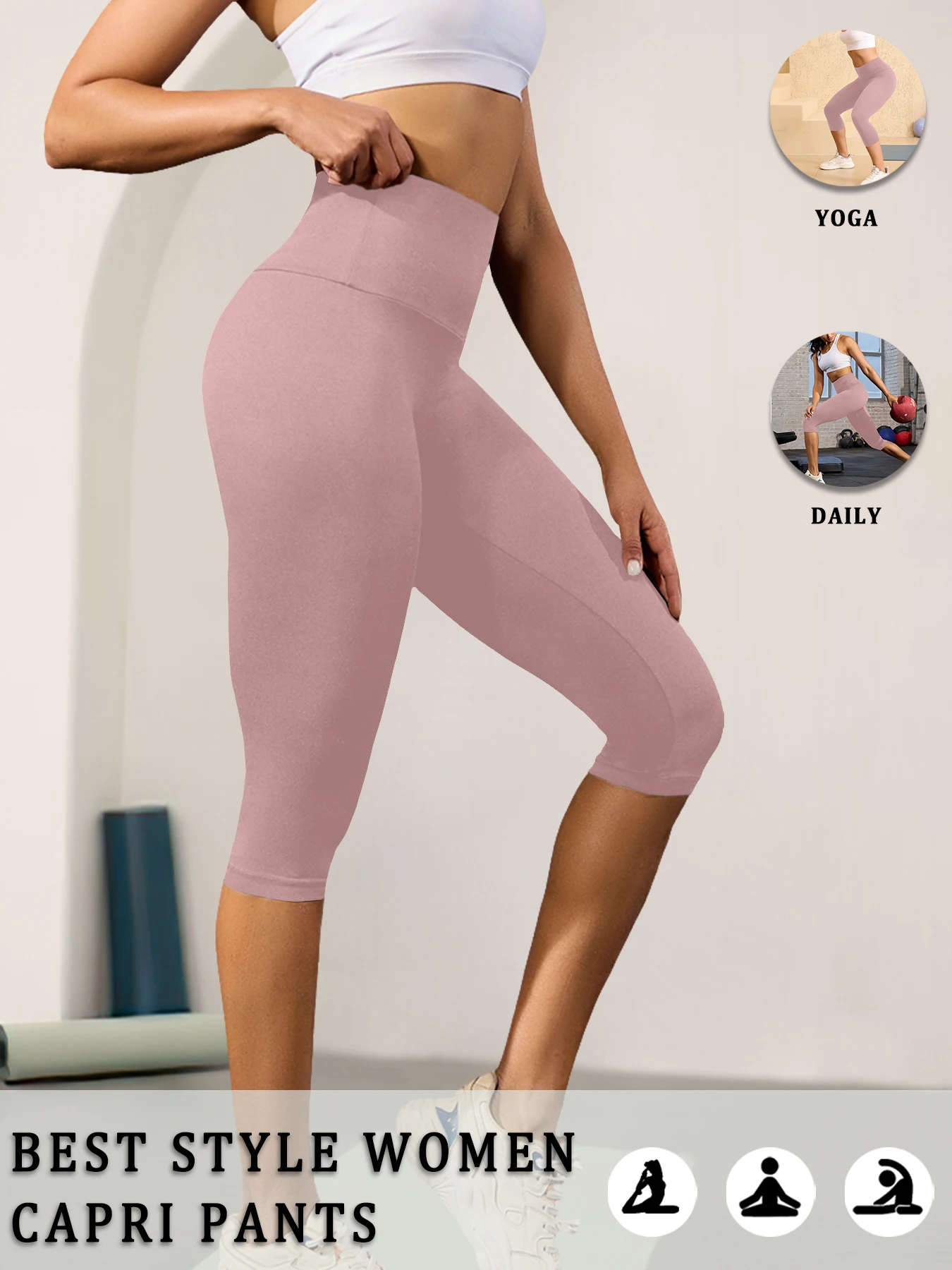 Damen High-Waist Caprihose, superweich, nicht durchsichtig, Bauchkontrolle, Yoga, Lauf-, Workout-, Freizeit-Leggings für Zuhause – Detail 10
