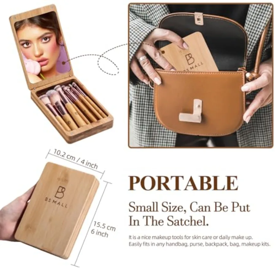 Reismake-upborstelset Bamboeborstels Foundation Poeder Concealers Oogschaduw Make-upset met spiegelkoffer 14-delig