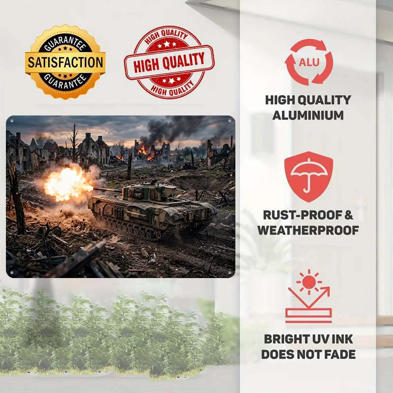 Tank Firing in Ruined Village 3D Texture Metal Poster Customized Wall Art Tin Sign Gift for Mancave Decor Luxury Bar Accessories