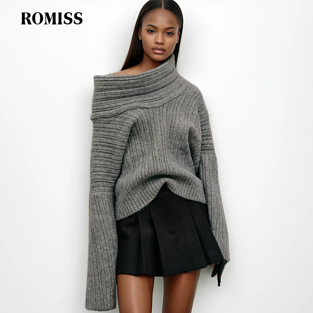 

ROMISS Solid Minimalist Knitting Sweater For Women Turtleneck Long Sleeve Loose Casual Sweaters Female Fashion Style New