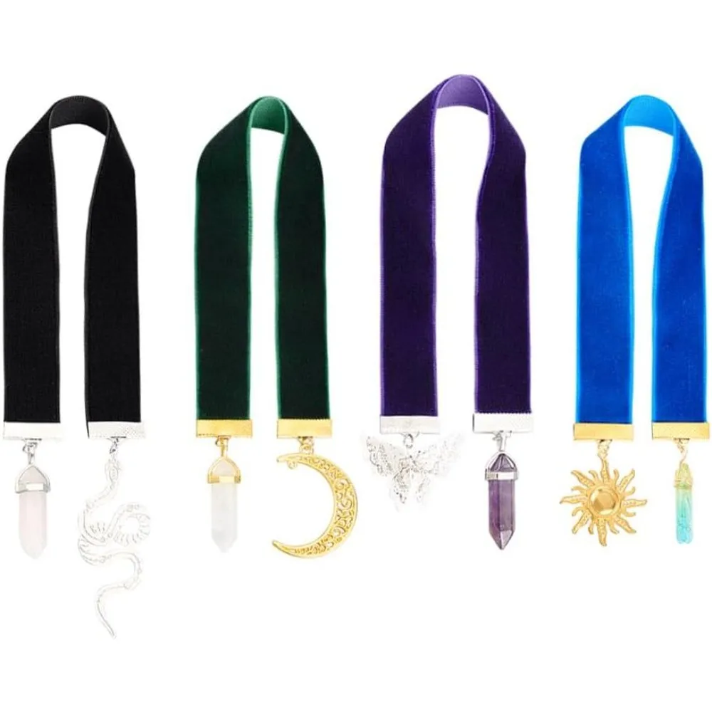 4 Colors Velvet Ribbon Bookmark 12.6~14.2 inch Vintage Metal Charm Bookmark with Quartz Amethyst/Butterfly/Moon/Sun Pendant