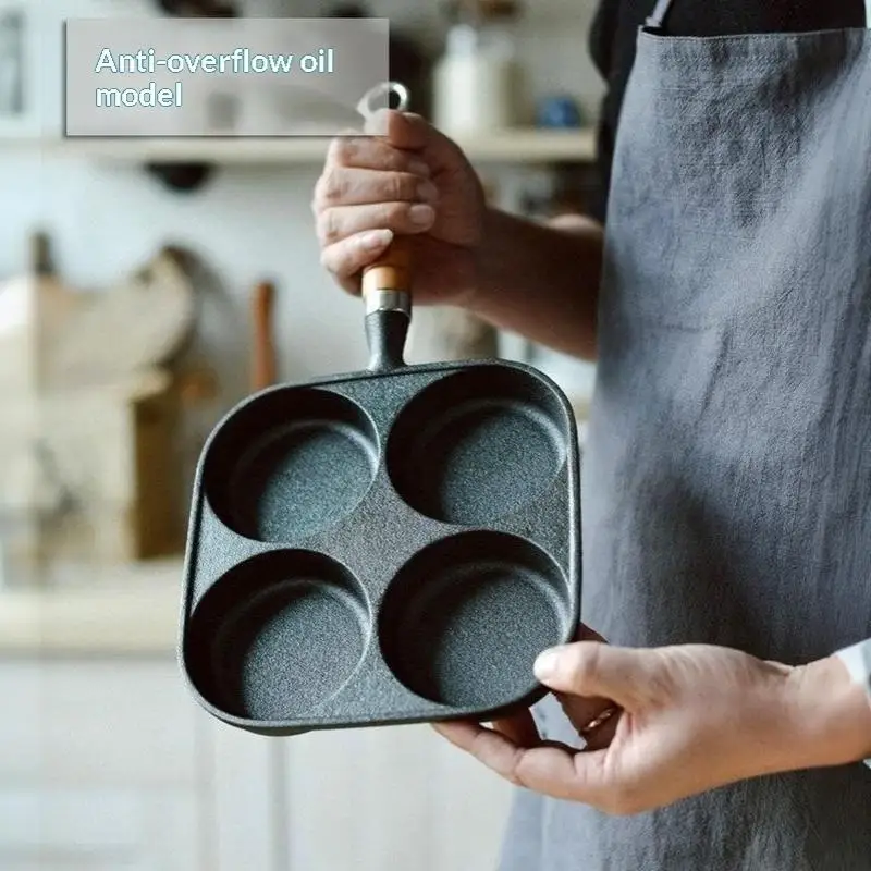 [S]1Pcs Eggs Burger Skillet 4 Grid Cast Iron Frying Pan Non-stick Flat-bottom Pot Breakfast Bread/Steak Pan Kitchen Cookware