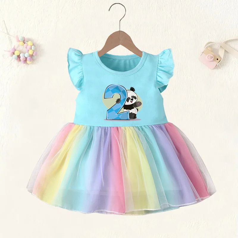 Baby Girl Clothes 1 2 3 4 Years Birthday Dress Cute Panda Animal Print Princess Pink Vestidos Toddler Girls Rainbow Mesh Dresses