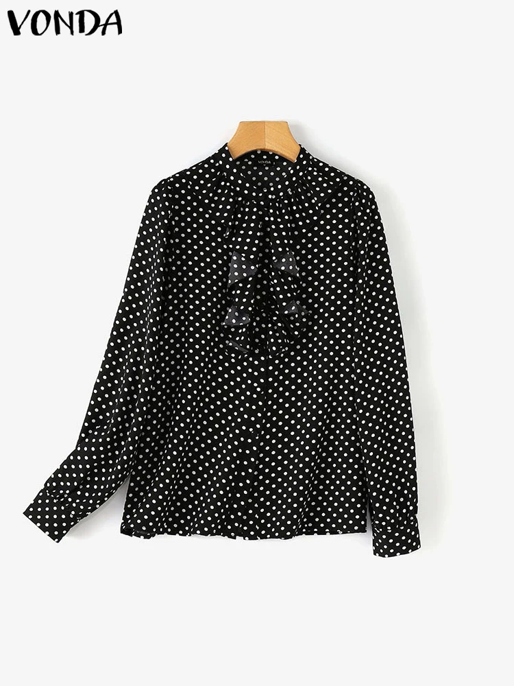 

VONDA Polka Dot Shirts Women 2025 Elegant Ruffle Blouse Stand Up Collar Long Sleeve Shirt Bohemian Printed Tops Feminina