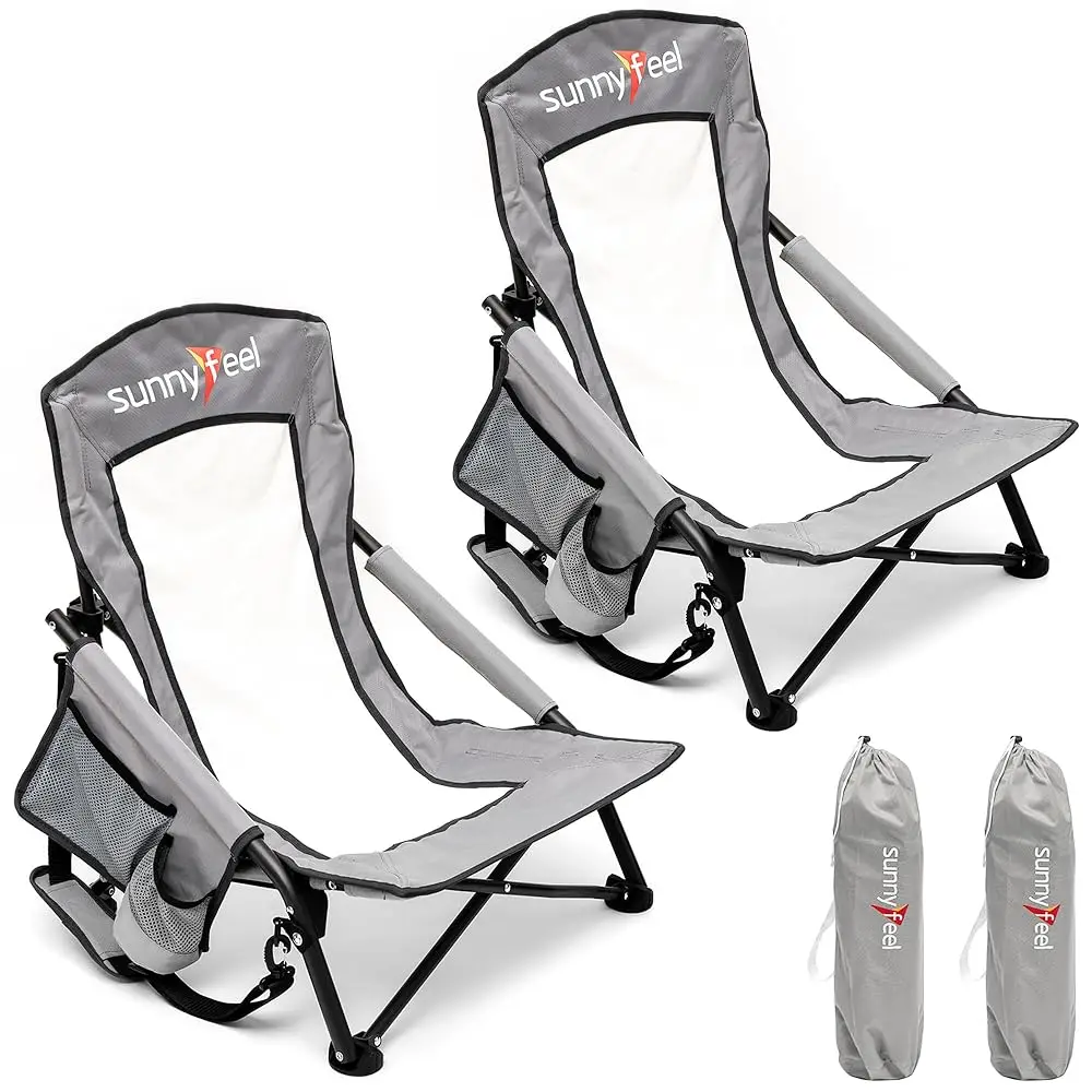 

Folding Low Camping Beach Chair 2 Pack, Lightweight Portable Lawn Chair With Mesh Back, Cup Holder For