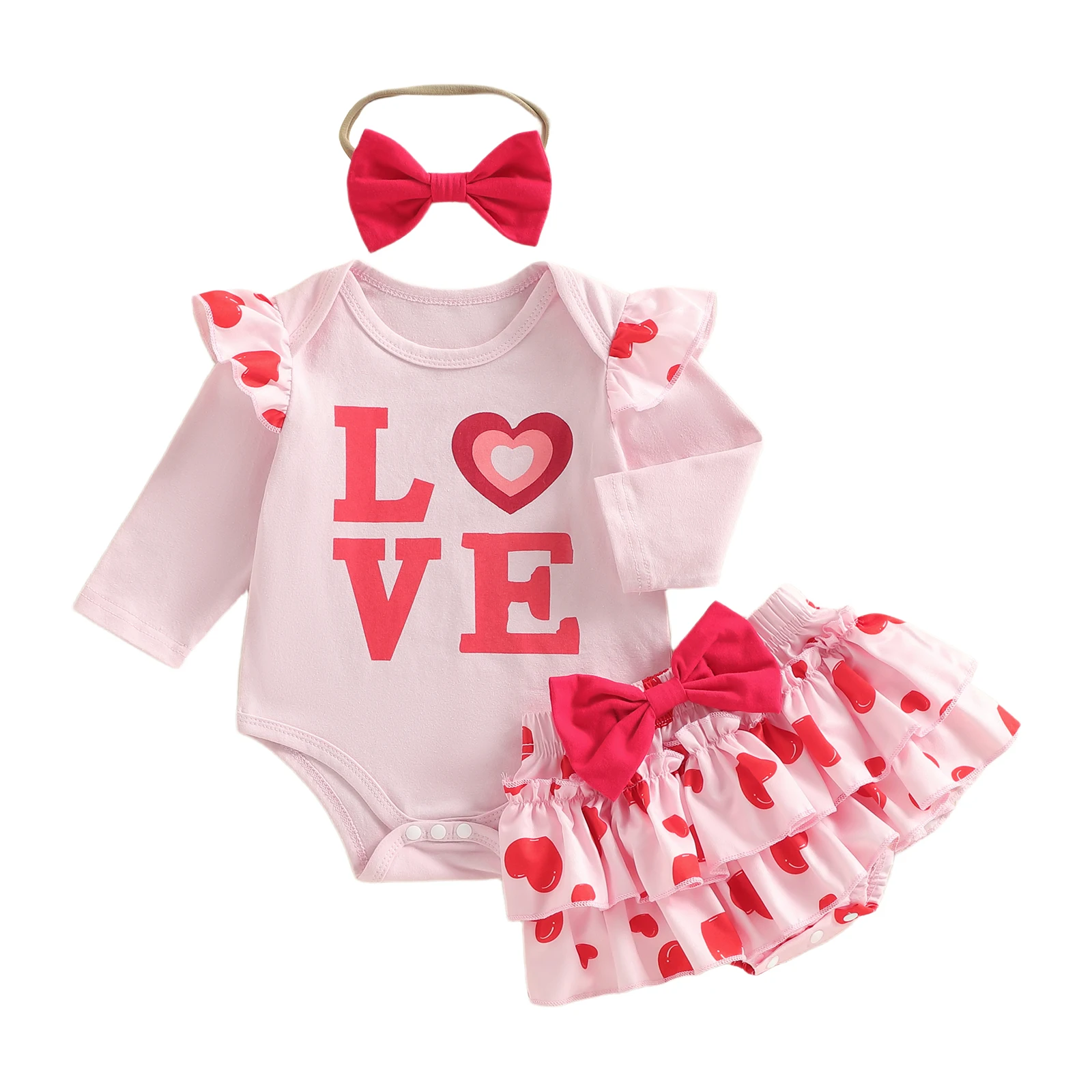 طقم مكون من 3 قطع للفتيات الصغيرات لعيد الحب مع أكمام طويلة ورقبة دائرية وطبعة قلب وعصابة رأس وتنورة توتو - رائعة