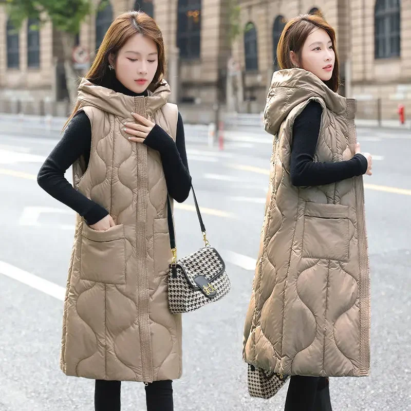 

Winter Down Cotton Vest Women Korean Mid-length Vests Slim Warm Thick Sleeveless Quilted Jacket Hooded Coat Windproof Outerwear