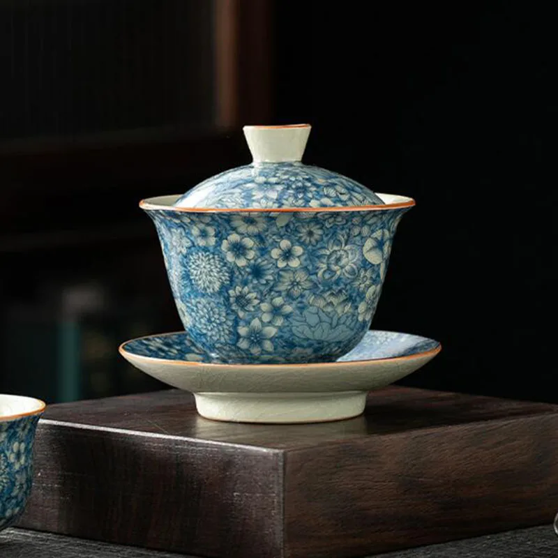 Ruyao Hundred Flowers Pattern Blue Sancai Gaiwan Retro Kungfu Tea Bowl Tea Cup Set Tea Infuser Tool Teaware Suit