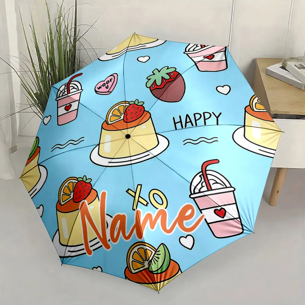 Custom Name Colorful Dessert-Themed Umbrella Design for Happiness Print 8Iron Ribs Folding Umbrella Auto-Open Fashion Sunshade