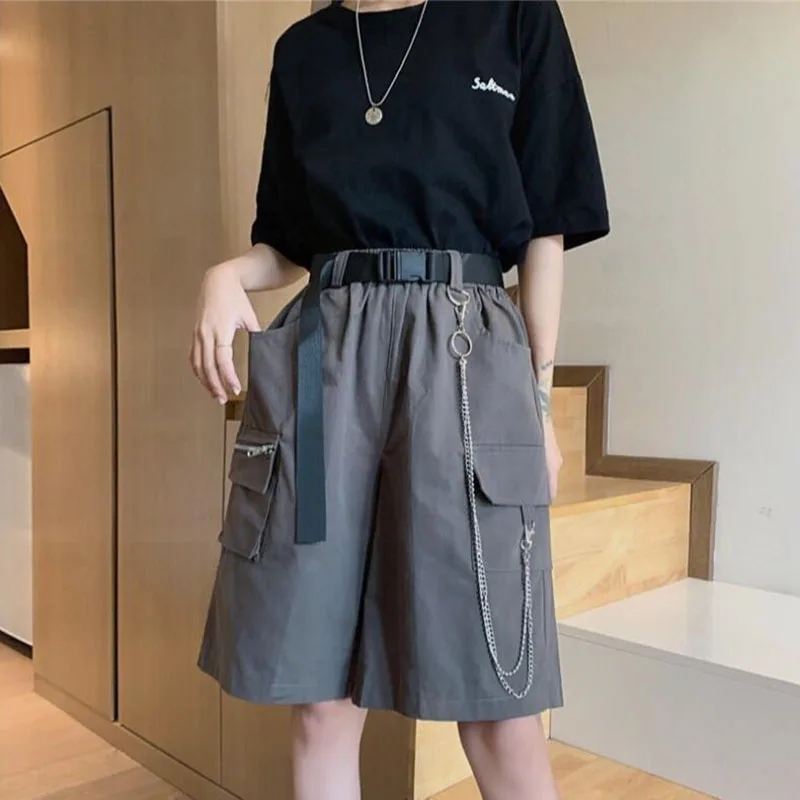 Biyaby Chain Shorts Women Spring Summer Y2K High Waist Loose Black Short Pants For Ladies Harajuku Pockets Hip Hop Shorts Woman