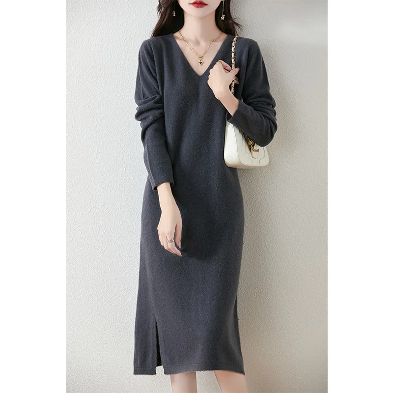 Women's Pure Wool Knitted Dress, V-Neck, Thin, Slit, Long Skirt, Casual, Fashionable, Warm, 2024 Autumn/Winter