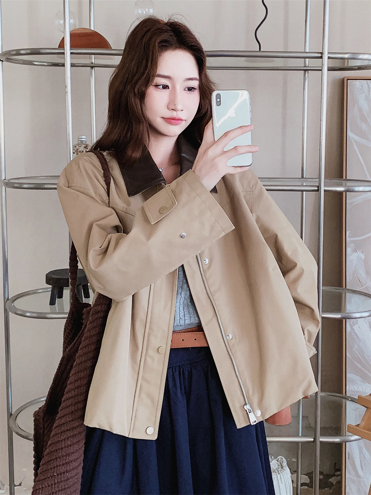 khaki-barn-sle-patchwork-colletto-in-pelle-jaet-donna-inizio-autunno-casual-high-end-feel-capispalla-colletto-lungo-sve