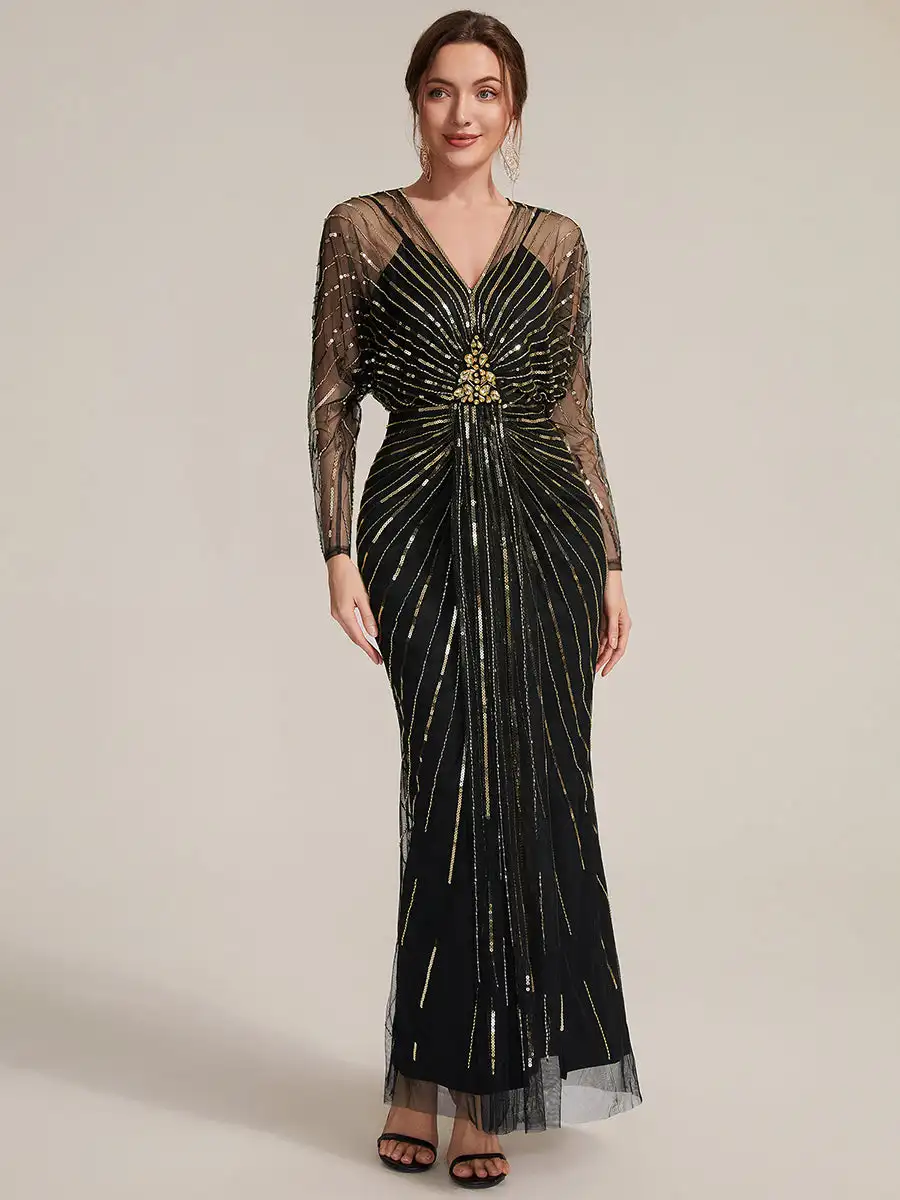 robes-de-soiree-longues-a-manches-longues-col-en-v-tres-extensibles-avec-fente-et-perles