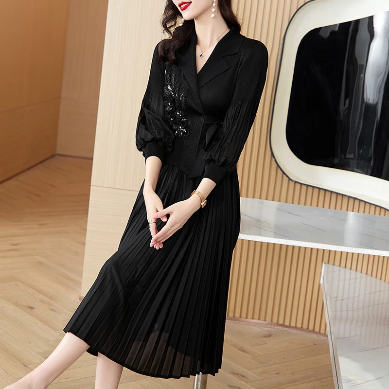 2024 Elegant Miyake Pleated Spring Dress For Women Notched Collar Beaded Sequin Embroidery Lantern Sleeve Lace Up Midi Vestidos