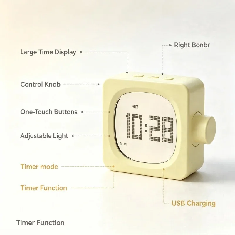 Muid Multifunctional USB Rechargeable Alarm Clock Adjustable Night Light Timing Snooze Bedside LED Desk Clock
