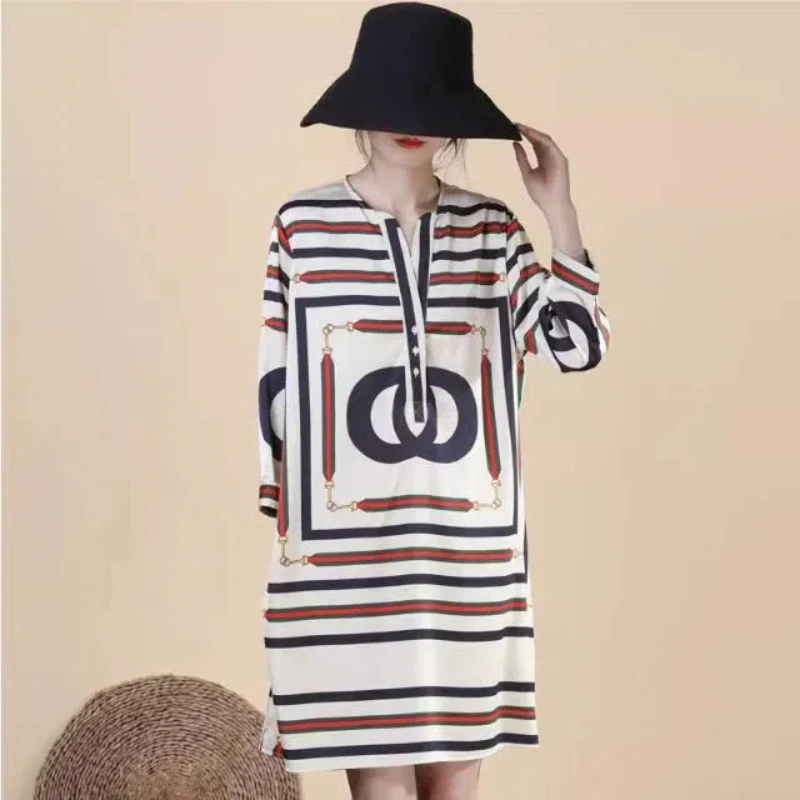 

Women's Clothing Spring Summer Crew Neck Pullover Contrast Color Geometric Printing Three Quarter Office Lady Vintage Dresses