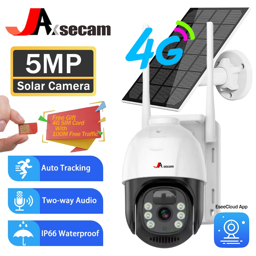 

5MP PTZ Solar Power 4G Camera Outdoor IP66 Waterproof Built-in Battery Surveillance Cam PIR Auto-Tracking Free Gift 4G SIM Card