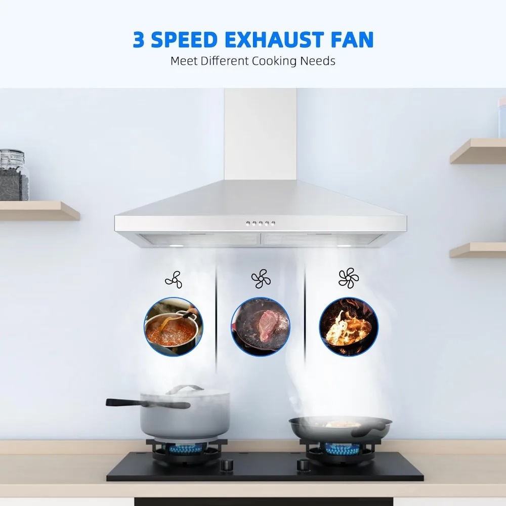 Aço inoxidável Wall Mount Kitchen Hood, 30 ", 3 Speed Exhaust Fan, duto, conversível, Kitchen Hood, 450 CFM