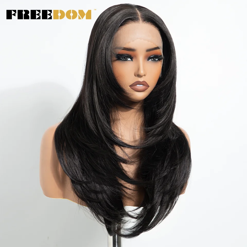 FREEDOM 13x3 Synthetic Lace Front Wigs For Women 20 Inch Straight Pre Plucked Layered Lace Wigs Ombre Brown Blonde Cosplay Wigs
