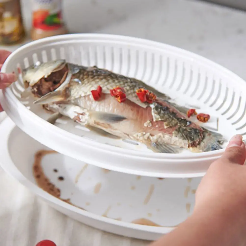 1Set Fish Steamer Microwave Steamed Fish Plate White Lid Microwave Oven Steamer Vegetable Dumplings Steamed Dish Versatile