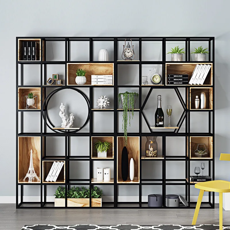 Wrought iron shelf, bookshelf display shelf, living room floor-to-ceiling multi-layer solid wood bookcase, partition screen