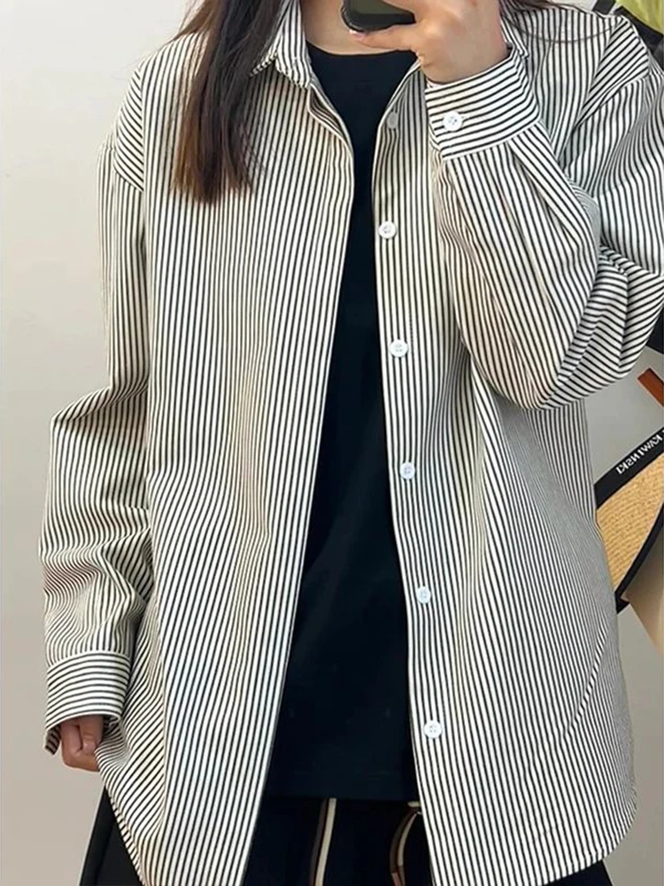 

American Retro Striped Men's Long Sve irt Casual Inner Wear Spring Design Couple's Jaet Loose Fit Breathable Summer