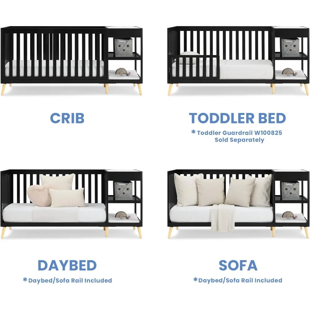 سرير Delta Children Essex 4 في 1 قابل للتحويل مع مبدل، لمسة نهائية من خشب الأبنوس الأسود ومقابض طبيعية