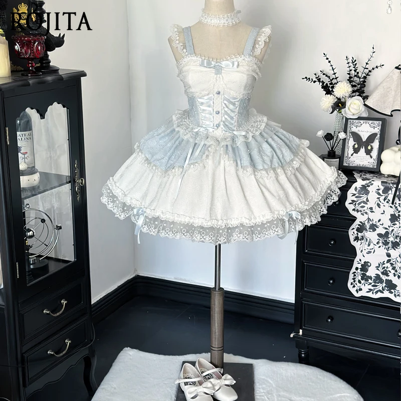 

JSK платье на бретелях женское оригинальный дизайн платье Лолиты балетный стиль светлое свадебное фиолетовое JSK + колье + бант сзади