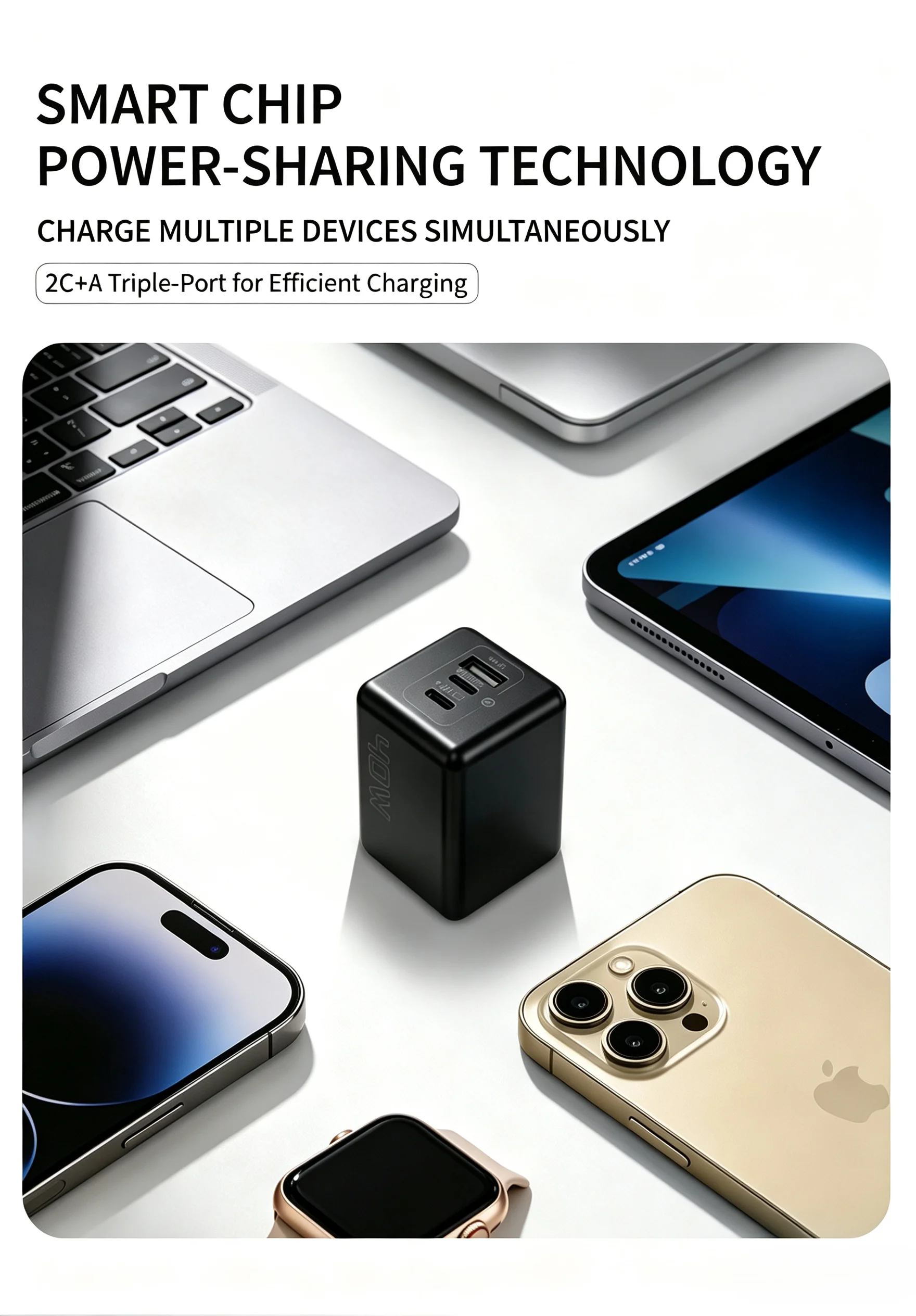 40W GaN Fast Charger Block,2C+A 3‑Port USB‑C PD Charger with Folding Plug,Smart Power Distribution,5‑fold Safety Protection for