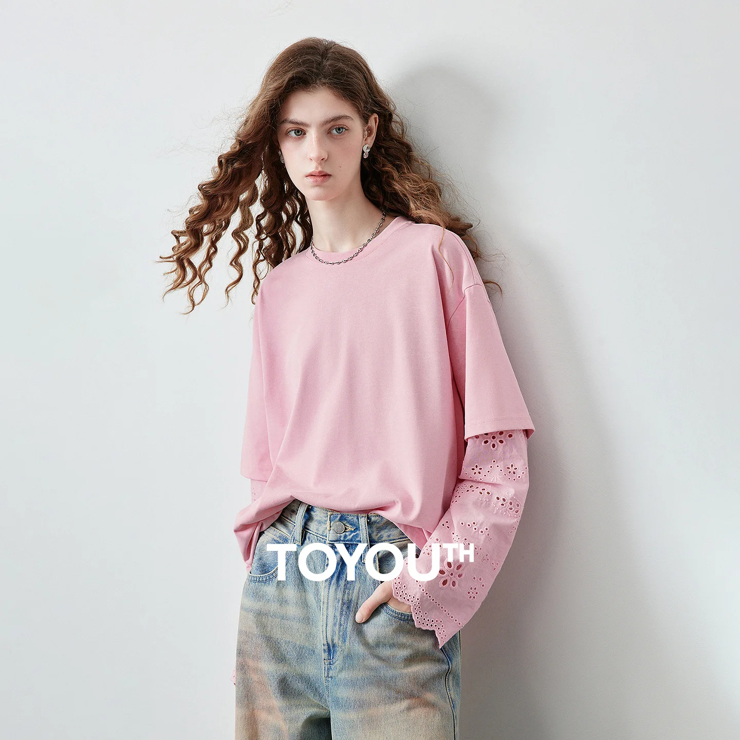 TOYOUTH Women's Fake Two Piece T-Shirt 2026 Autumn New Arrival Lace Splicing Loose Fit Early Autumn Top