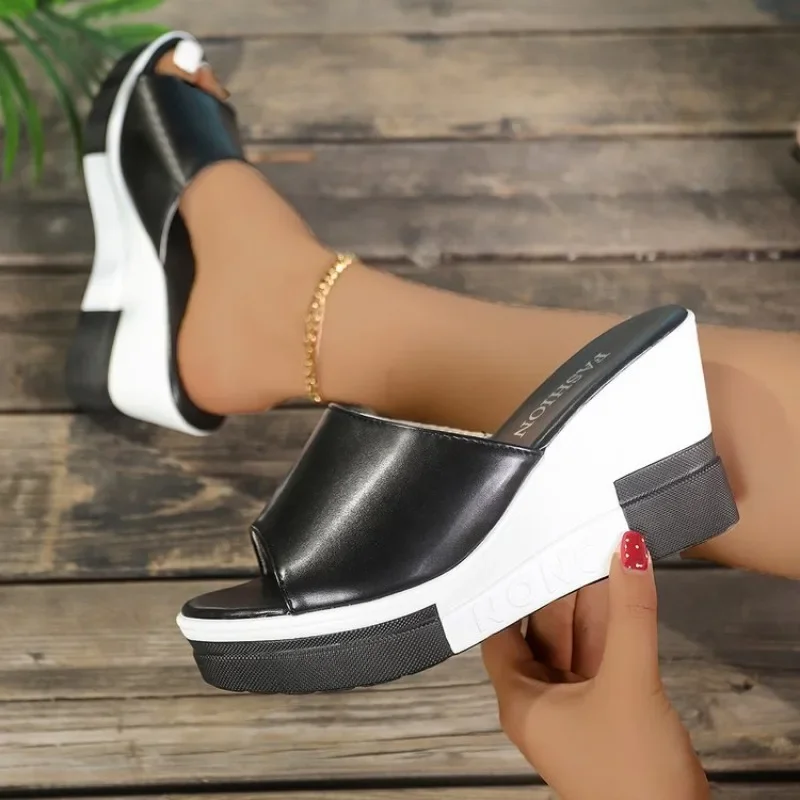 

Women Fashion Wedge Sandals White Platform Mules Open Toe Summer Beach Shoes Casual High Heel Slide Sandals for Ladies Non-Slip