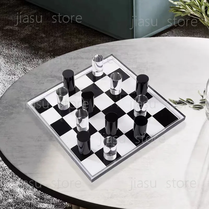

Geometric Crystal Chessboard Sculpture, Modern Black White Creative Soft Decoration for Living Room Model Room Sales Office