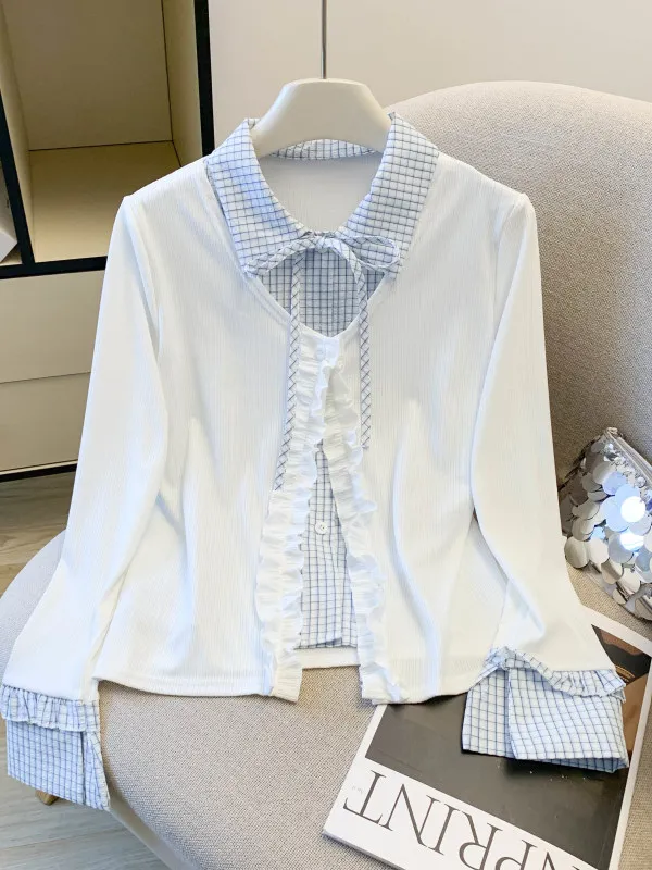 

Женская футболка с длинным рукавом в корейском стиле, новинка ранней весны 2026 года, белая, в клетку, с дизайнерскими вставками, свободного кроя, модный топ