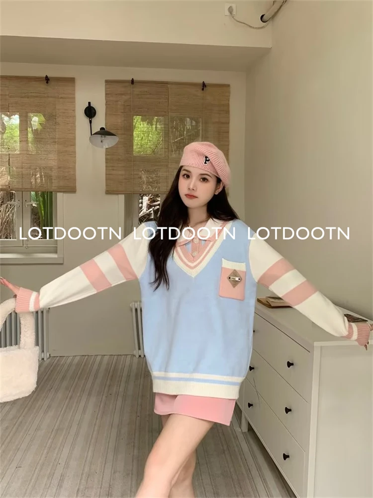 LOTDOOTN Korean Fashion Y2K Sweater Women Preppy Style Autumn V-neck Cartoon Embroidery Knitted Tops Winter Long Sleeve Pullover